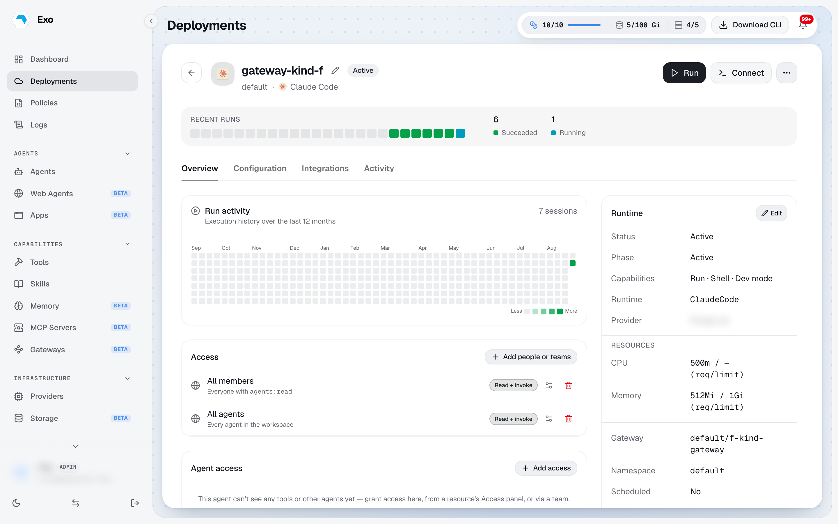 An agent's Access panel showing grants with read and invoke levels