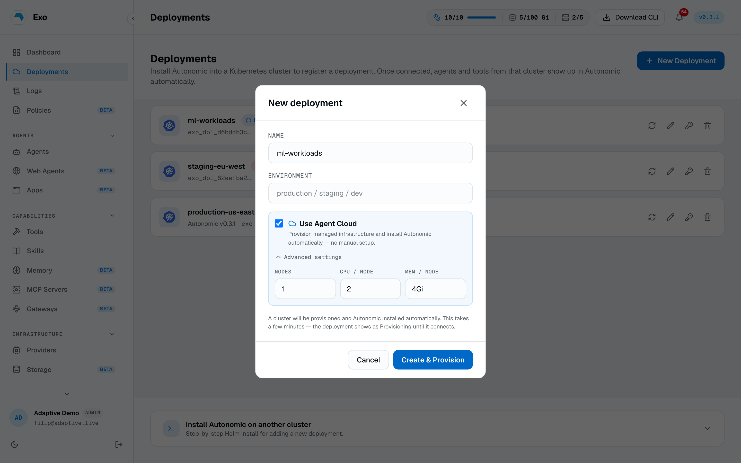 The New Deployment dialog with the Use Agent Cloud toggle on and the Nodes, CPU per node, and Mem per node fields