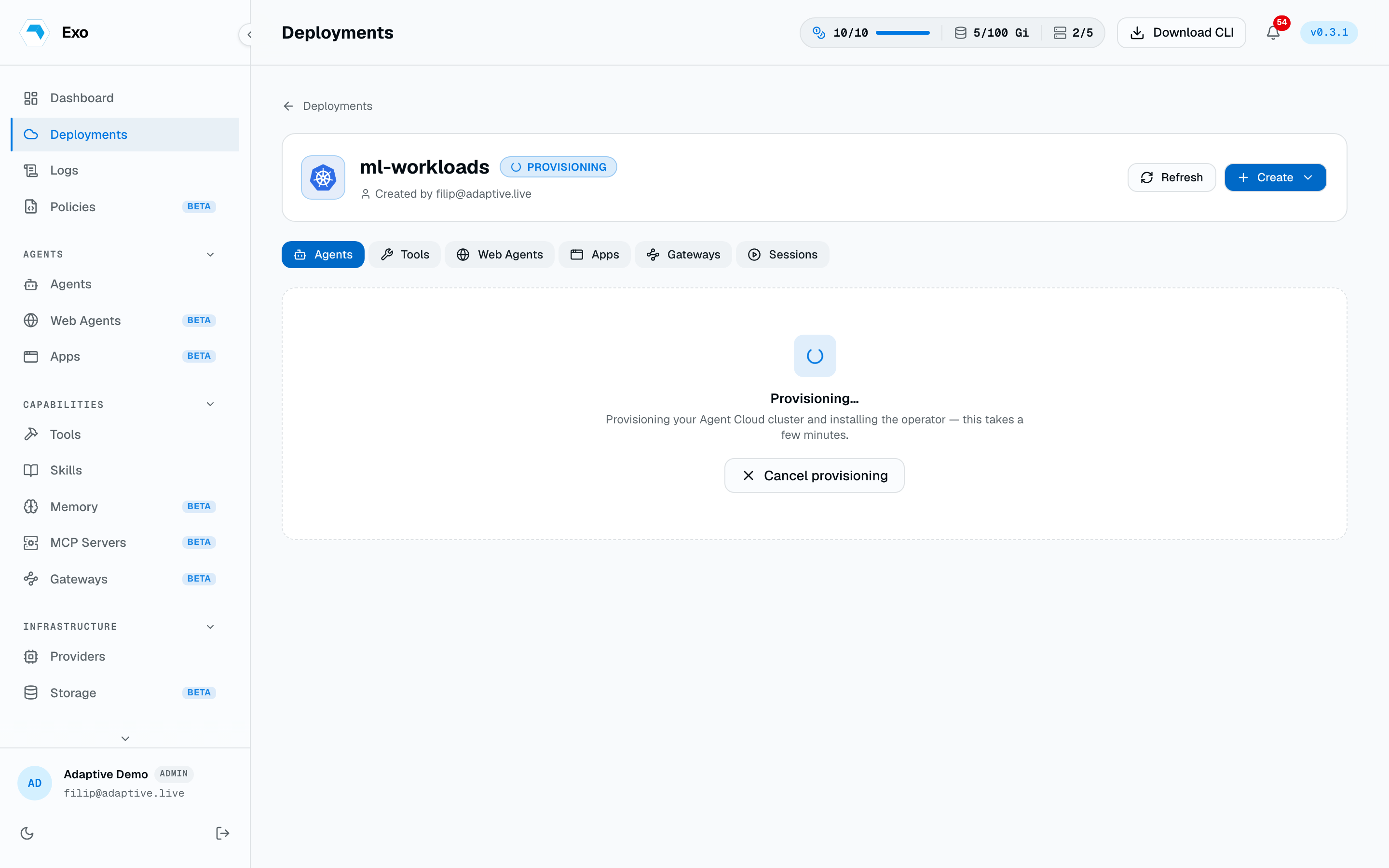 A deployment detail page showing the Provisioning panel while the Agent Cloud cluster is created