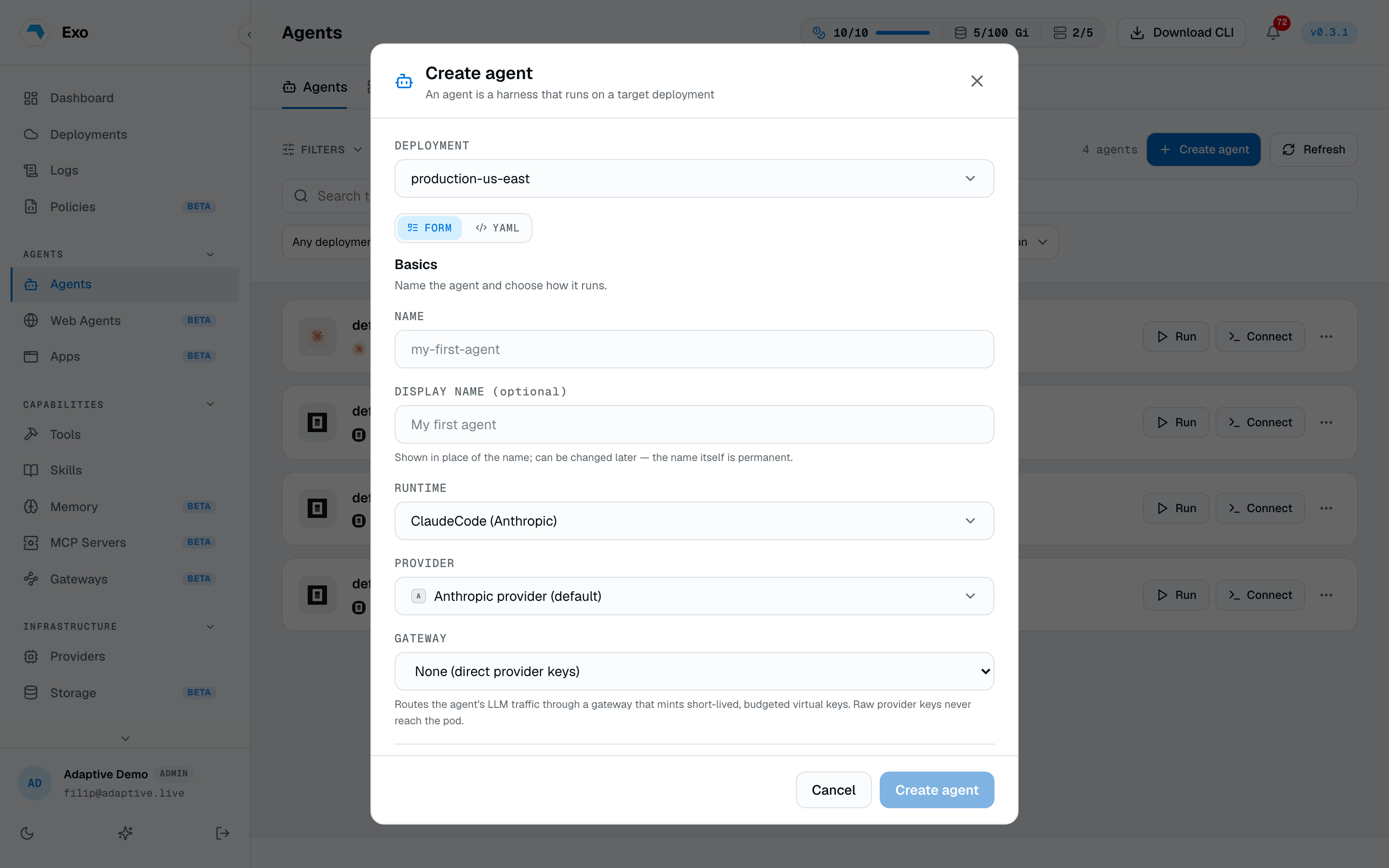 The Create agent dialog: name, runtime (OpenCode keyless free model), goal, capability toggles, skills, and target deployment