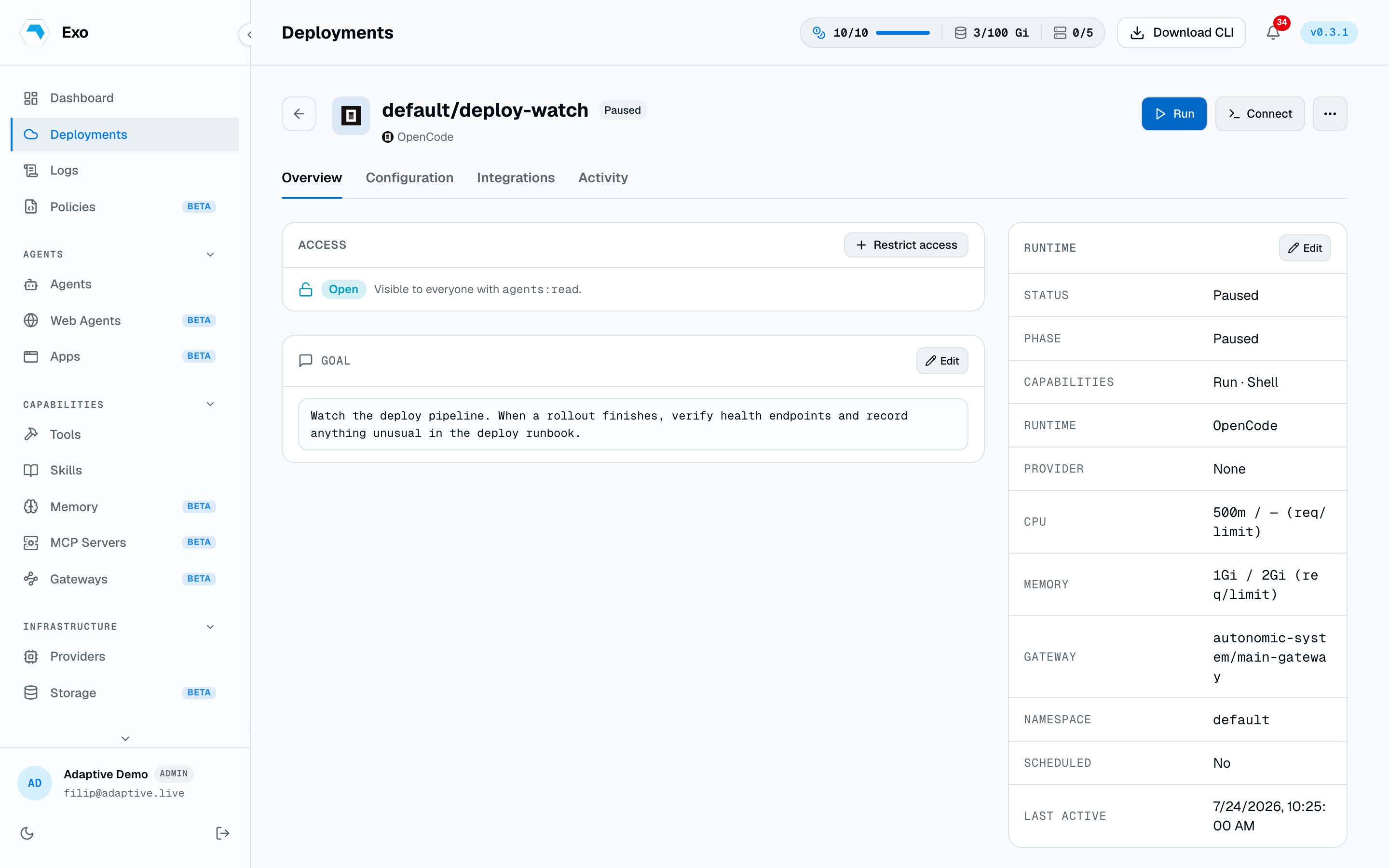 An agent detail page showing status Paused in the runtime panel