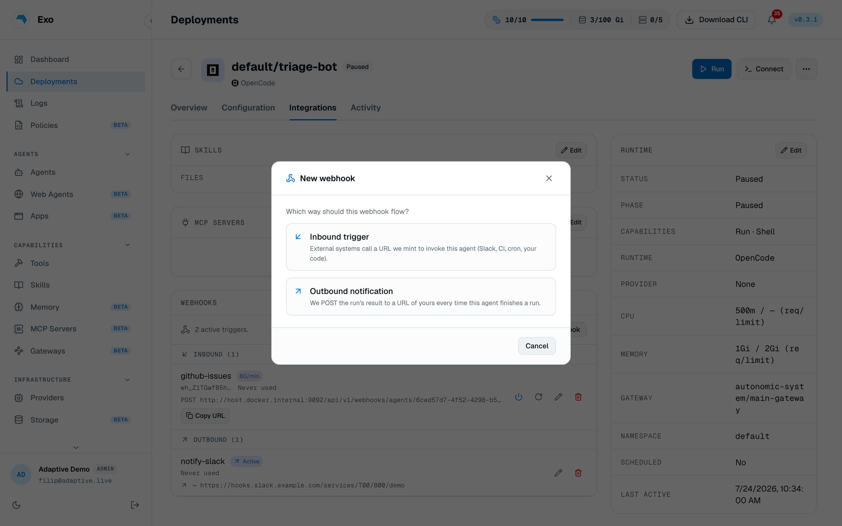 The New webhook modal asking which way the webhook should flow