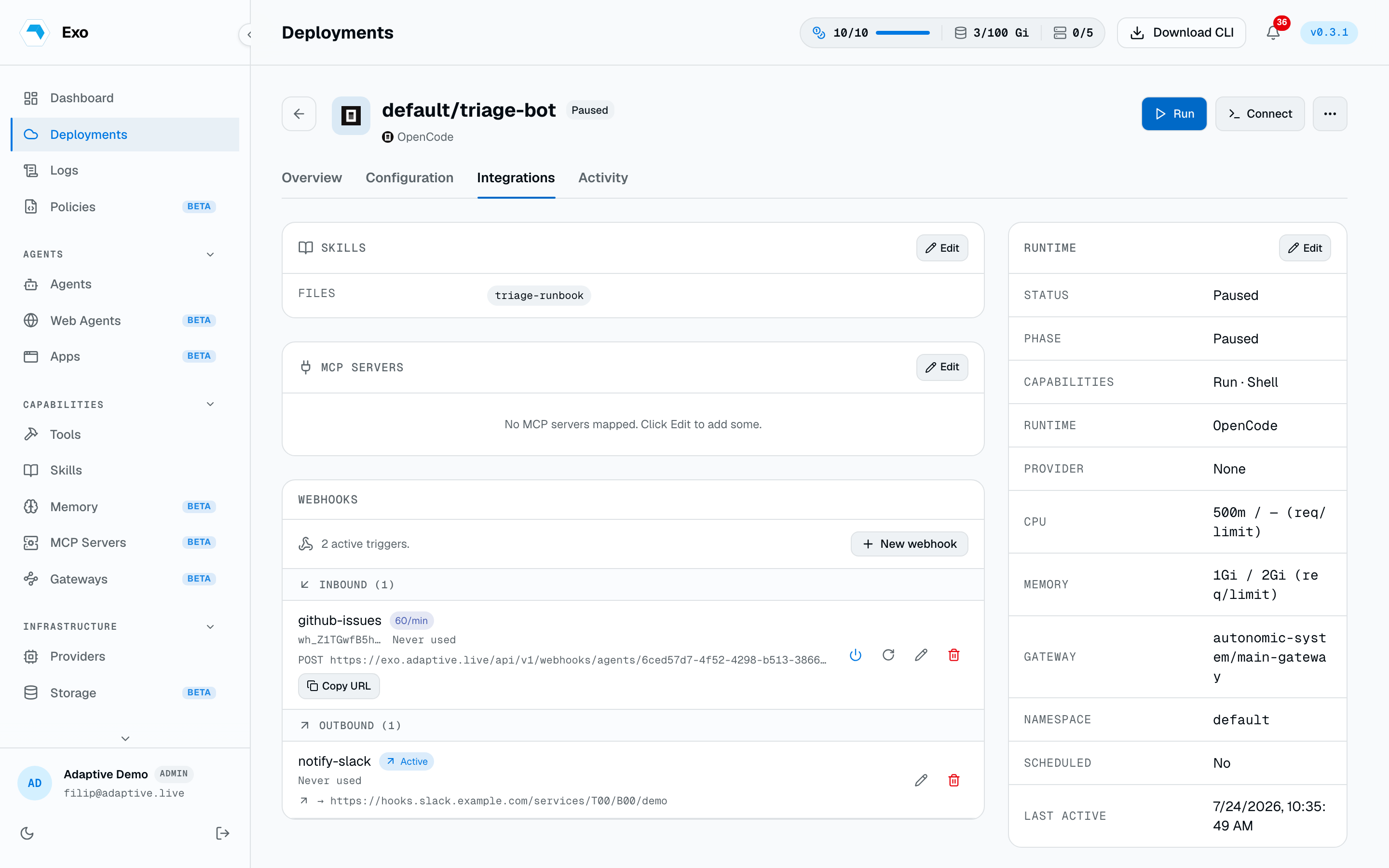 The Webhooks panel listing inbound and outbound webhooks in separate groups