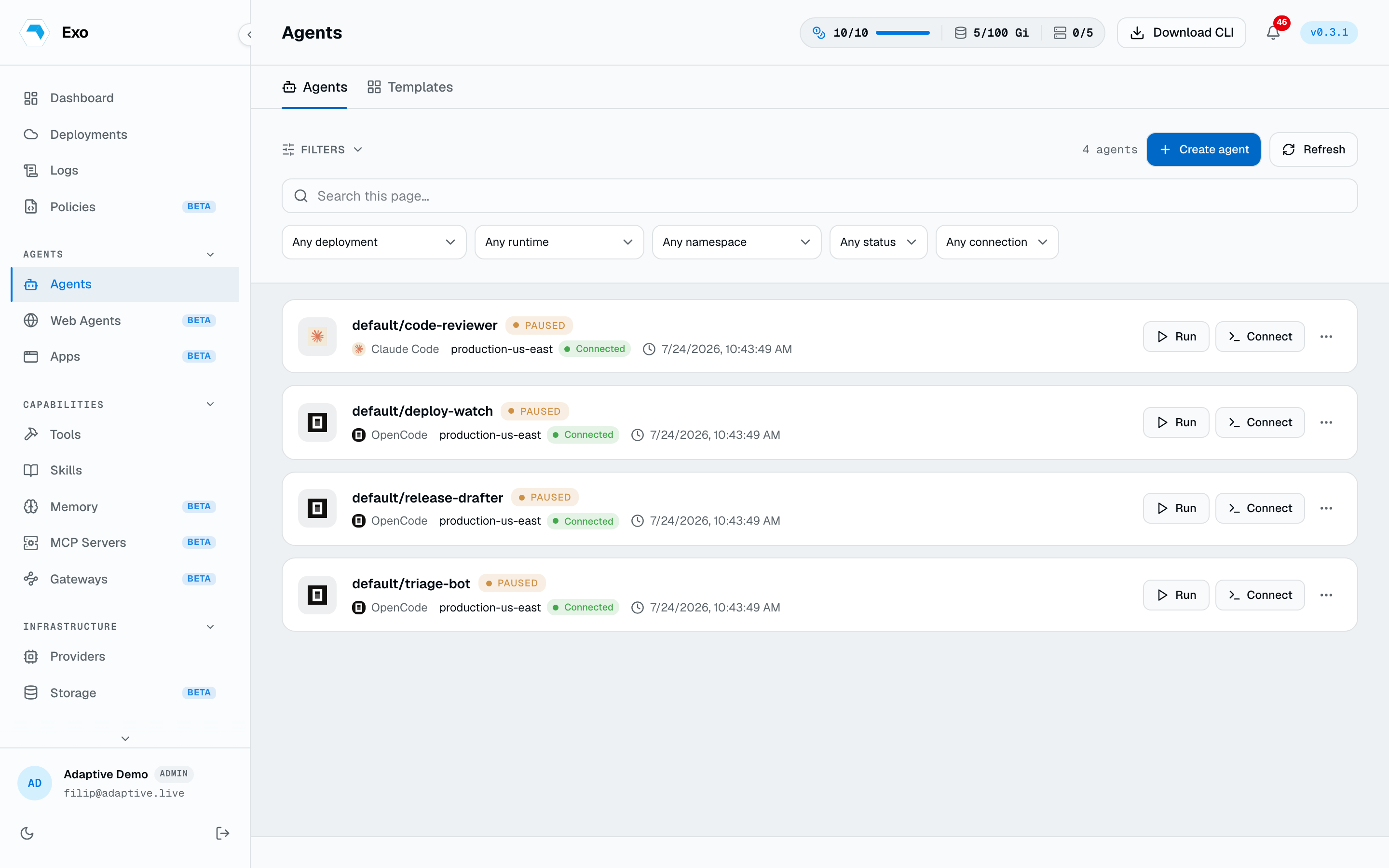 The Agents page listing agents across connected deployments with status and runtime