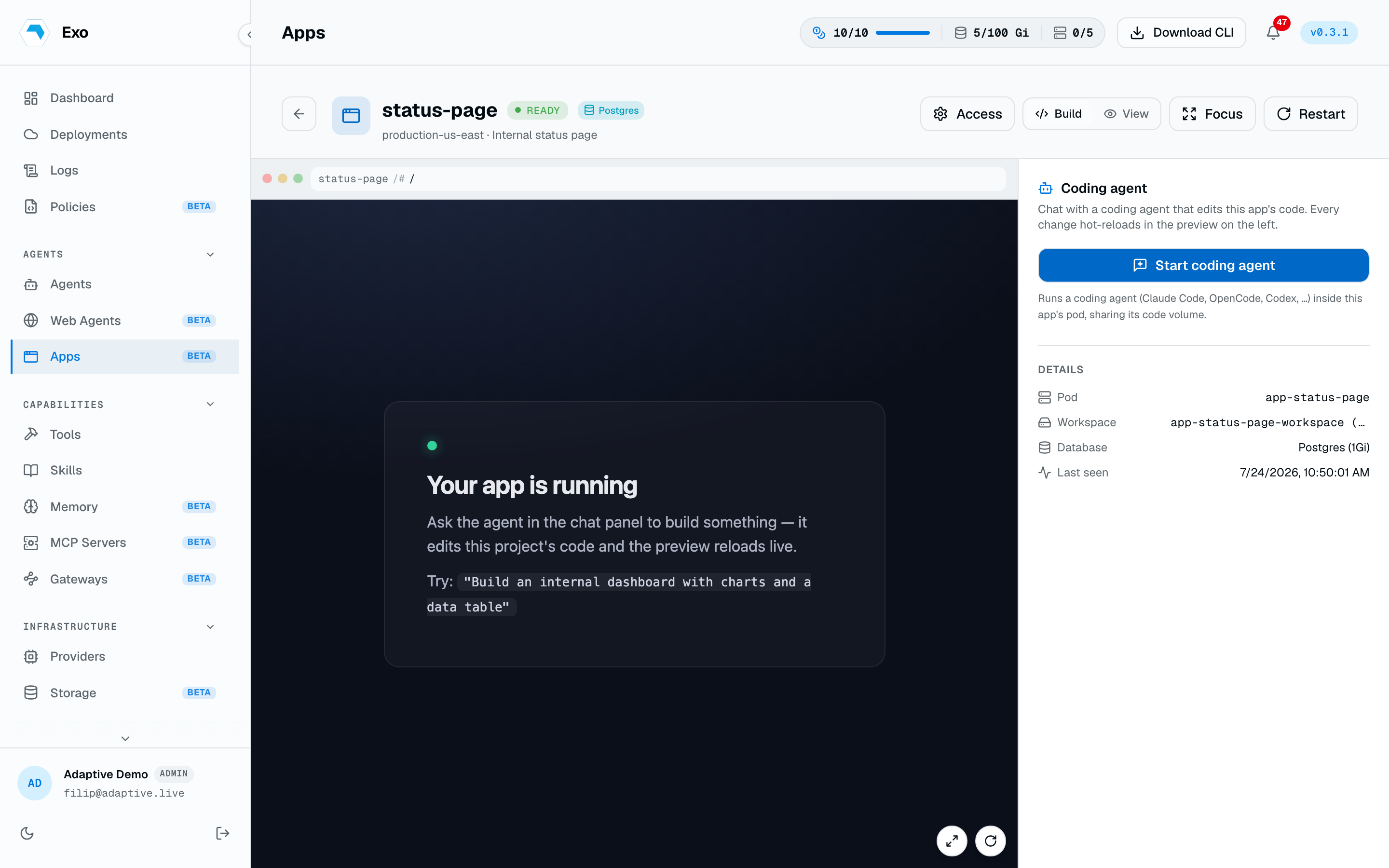 An app's live preview beside the coding agent chat