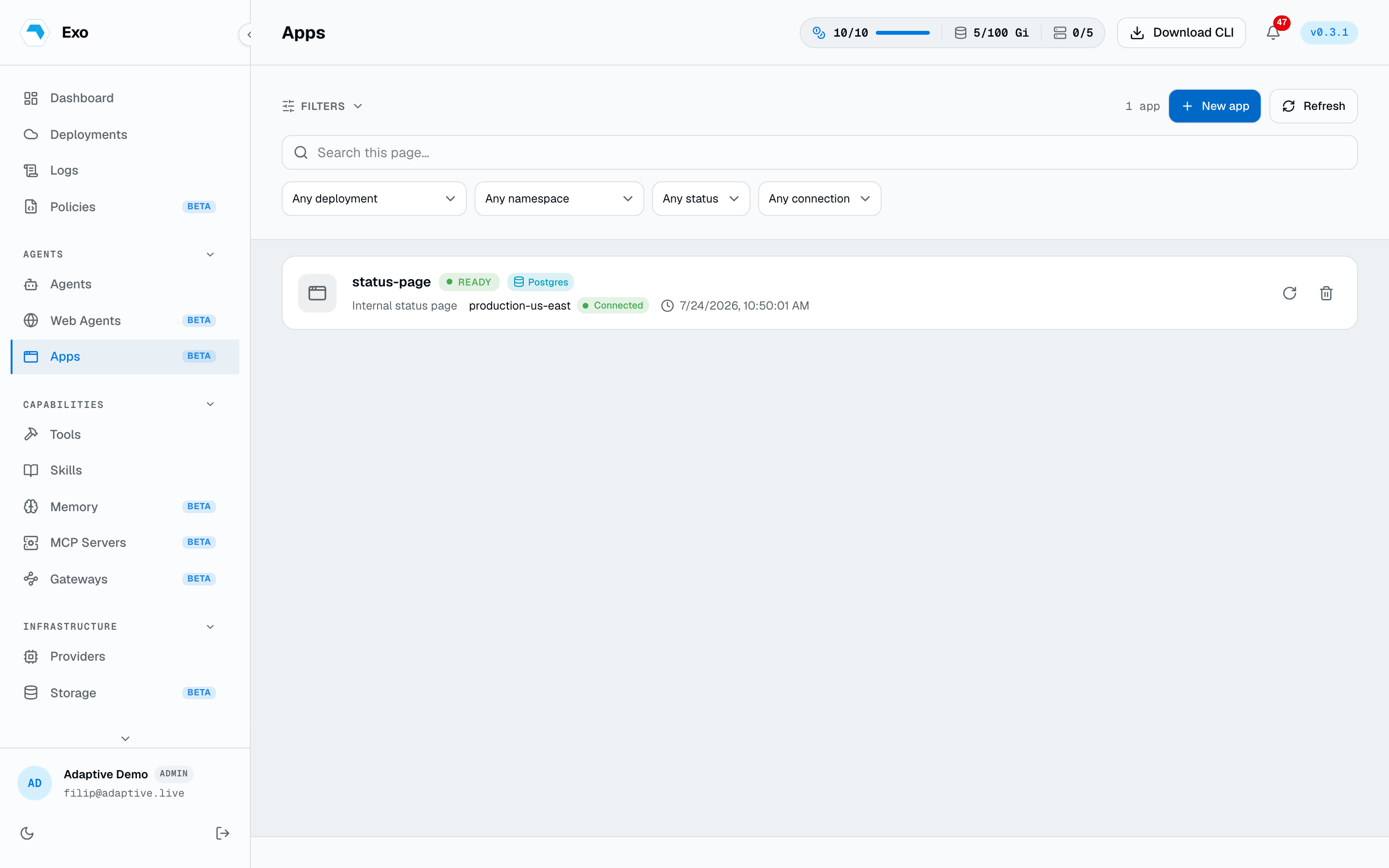 The Apps page listing running apps with their status and database badges