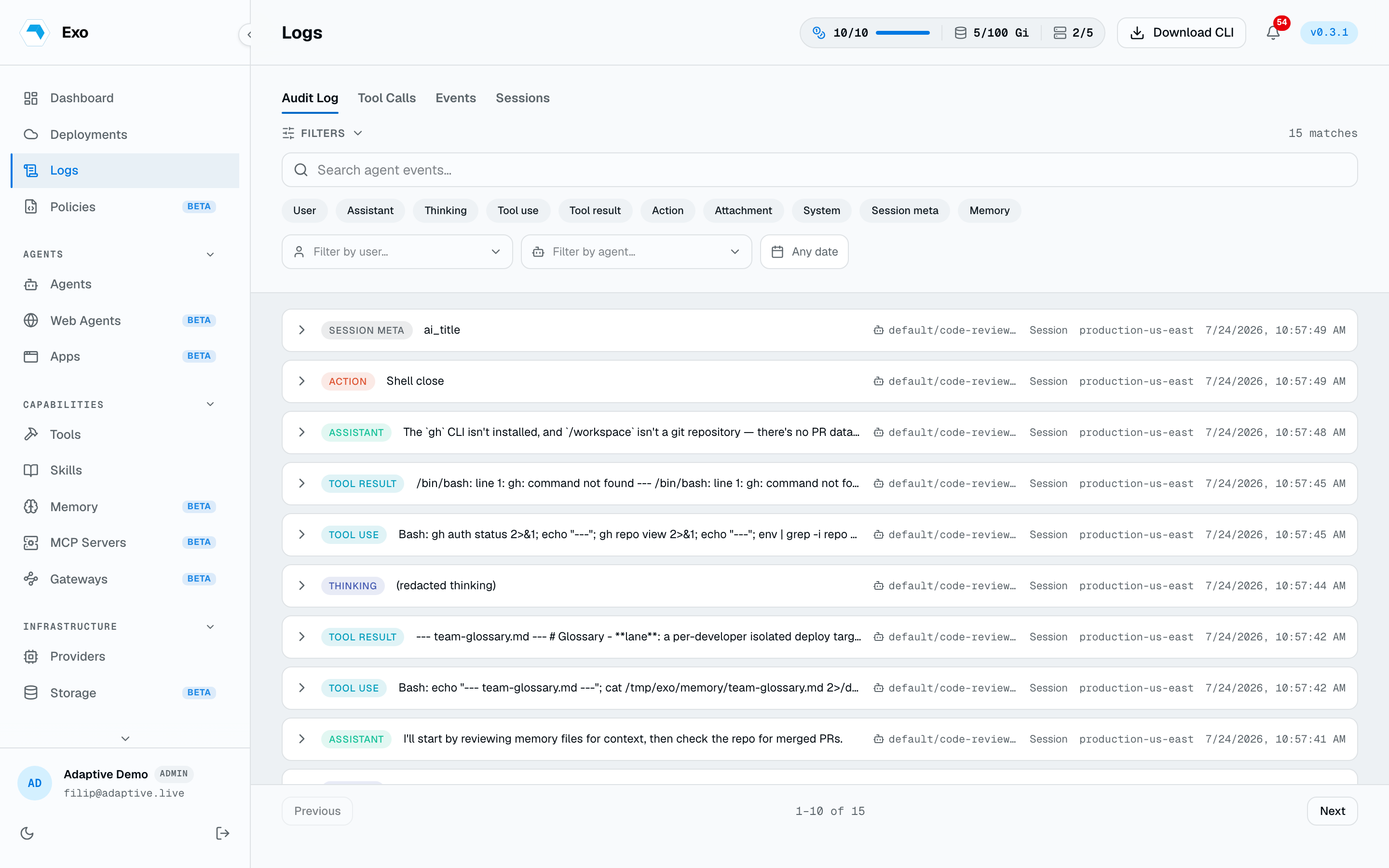 The Audit Log page: a tenant-wide, filterable feed of session events with payload search