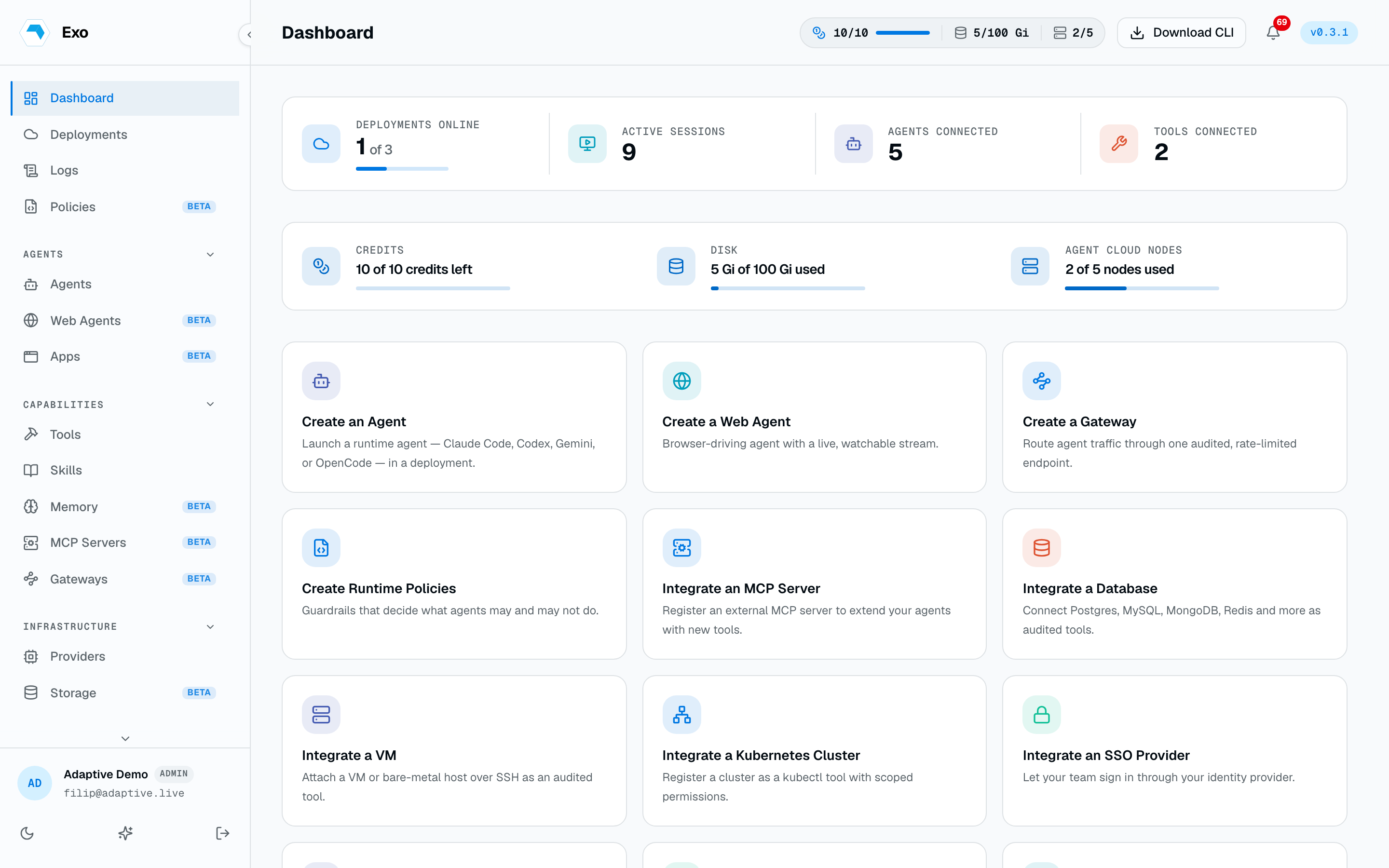 The Exo dashboard after sign-in: deployments, sessions, agents, and tools at a glance