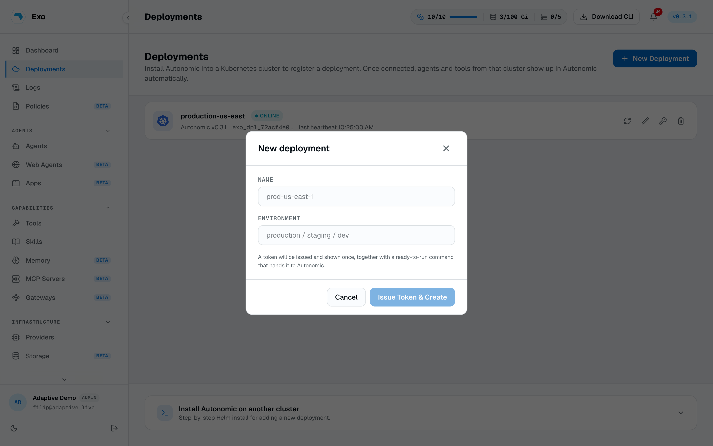 The Deployments page in the Exo dashboard with the install wizard expanded