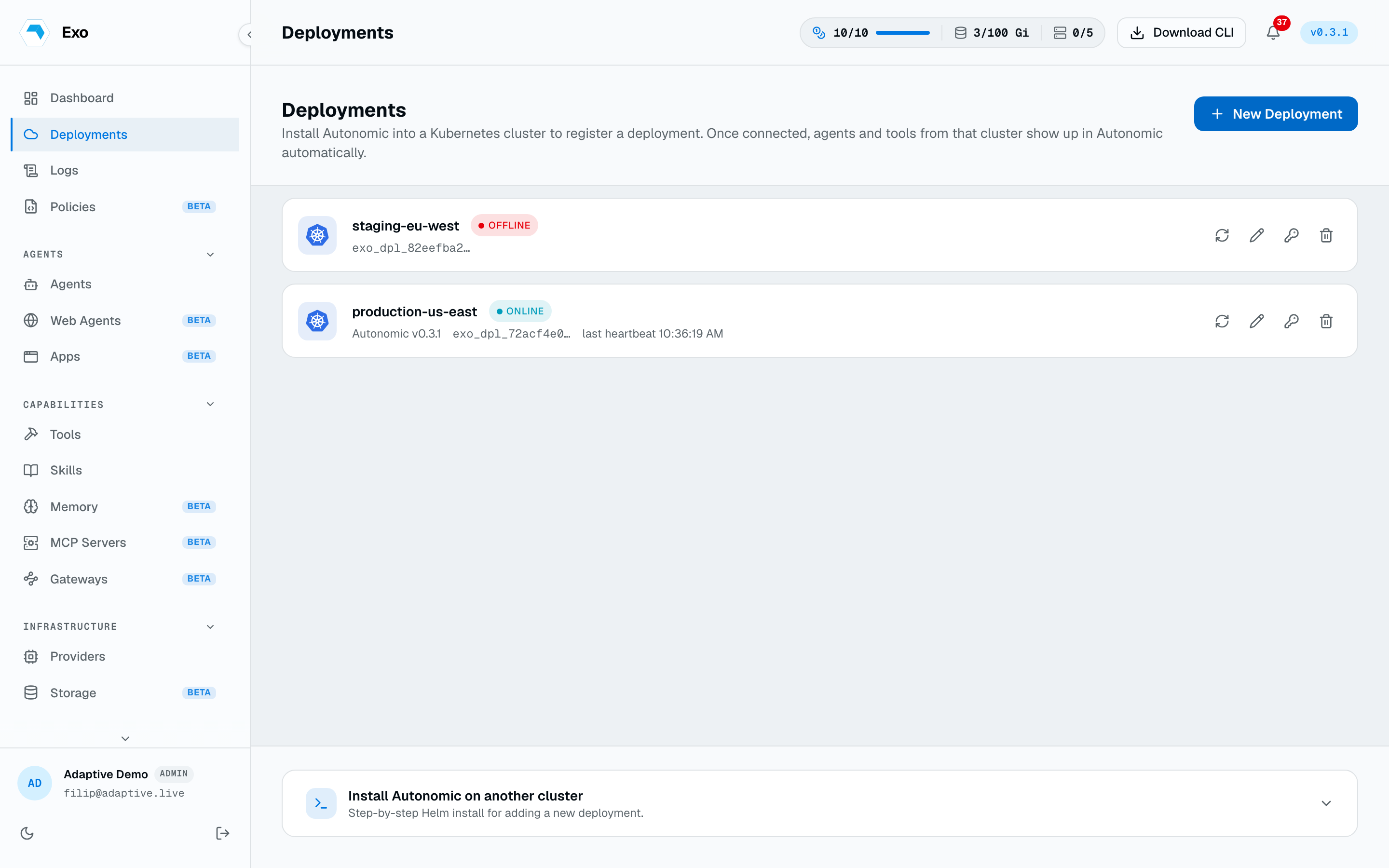 The Deployments page with one deployment online and one offline