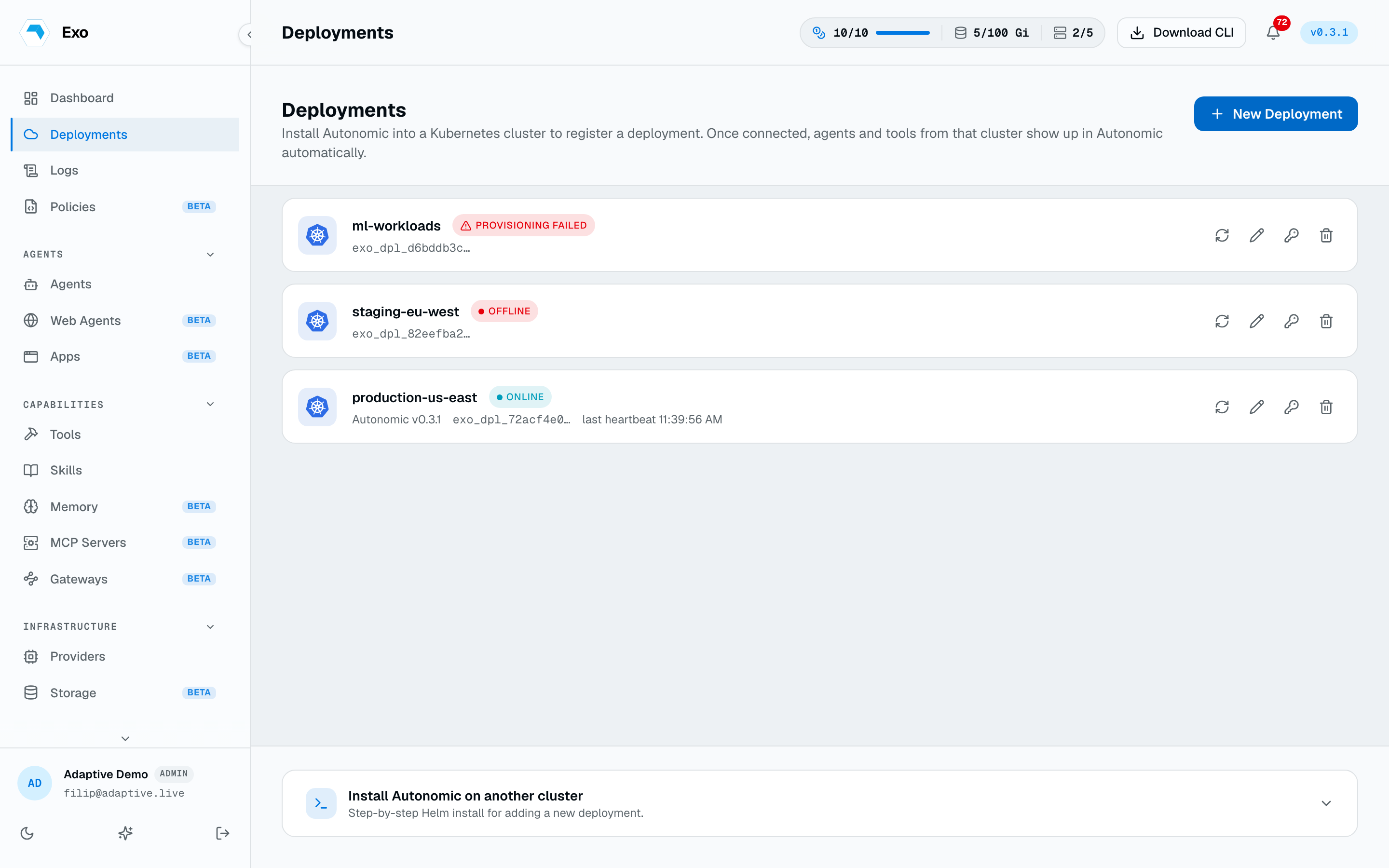 The Deployments page with a connected deployment showing online status and last heartbeat