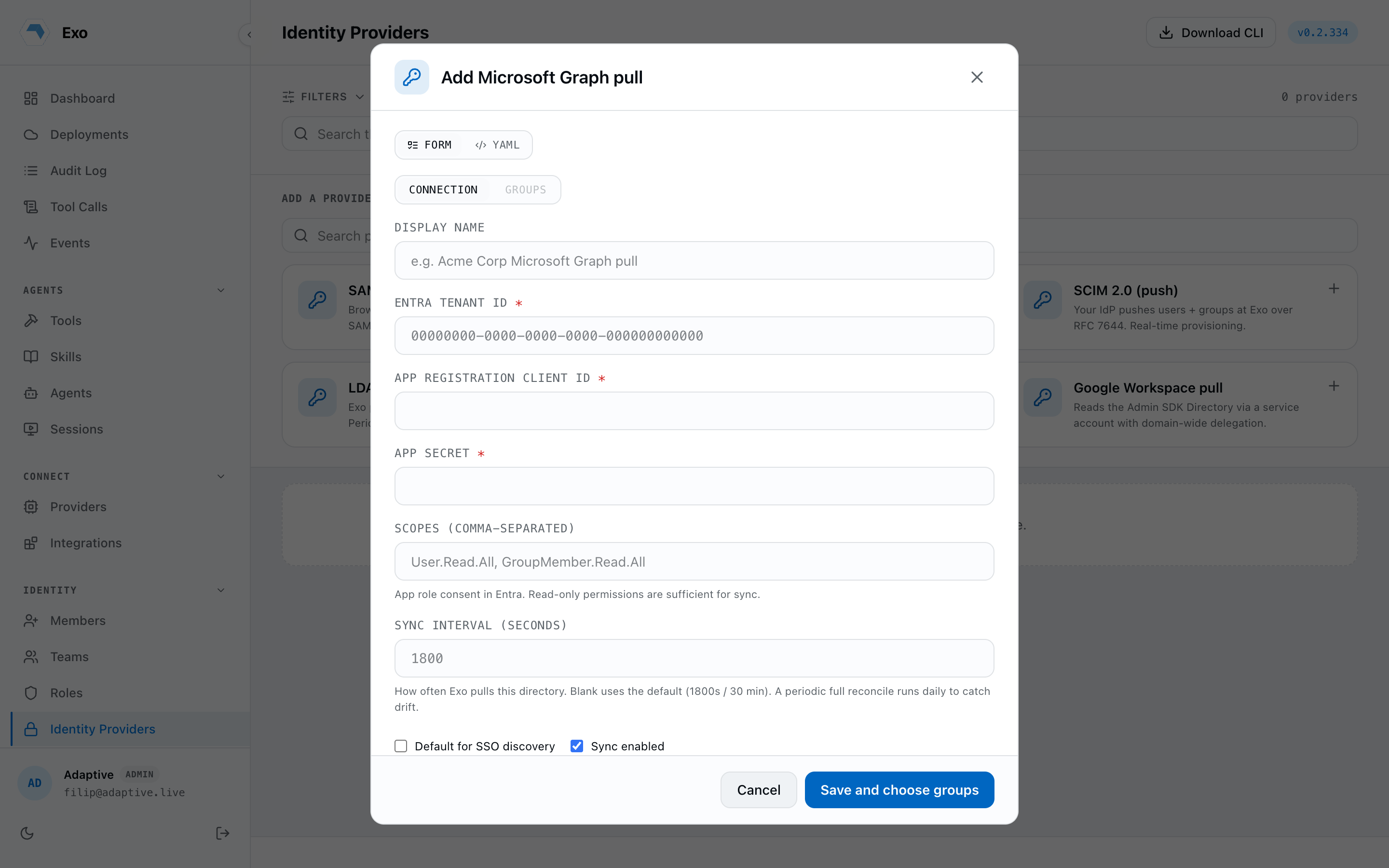 The Add Microsoft Graph pull dialog in the Exo dashboard