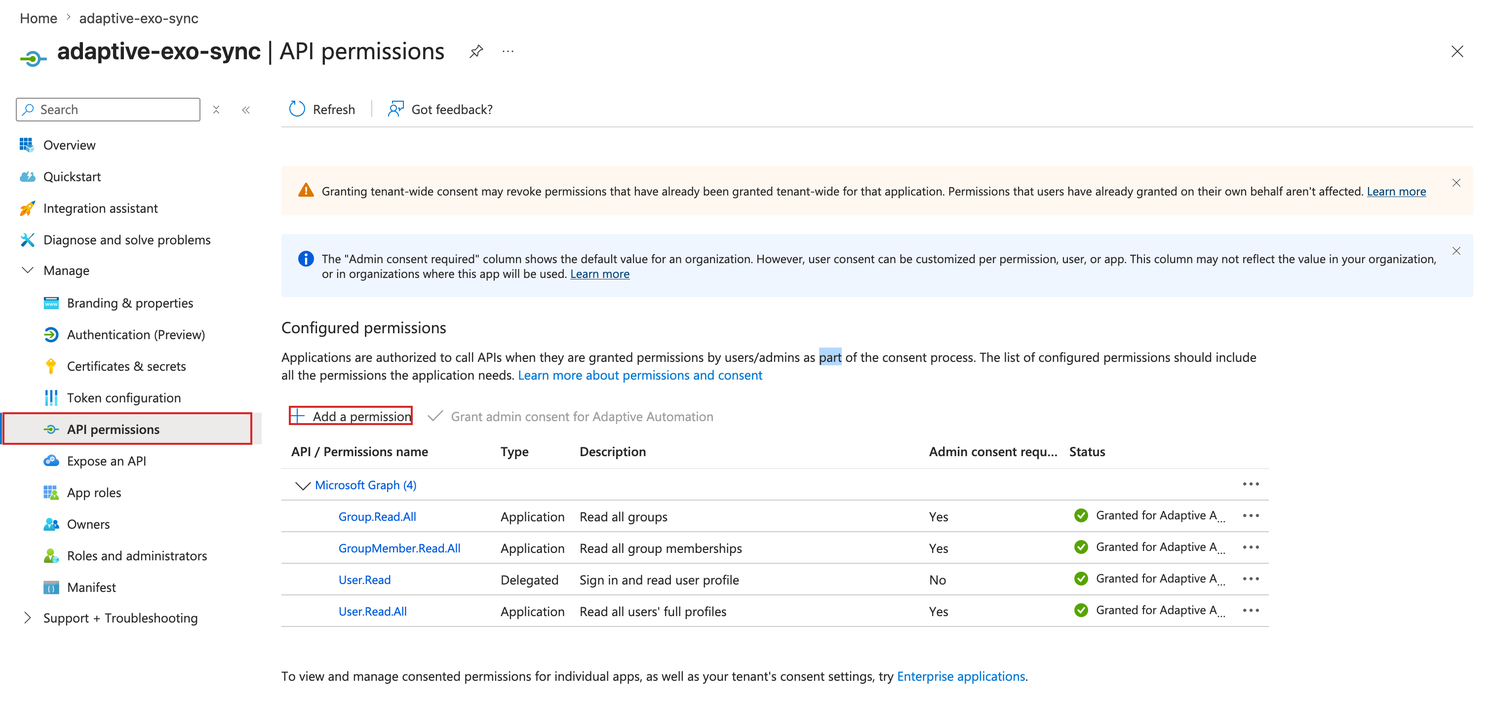 The API permissions page with Add a permission highlighted