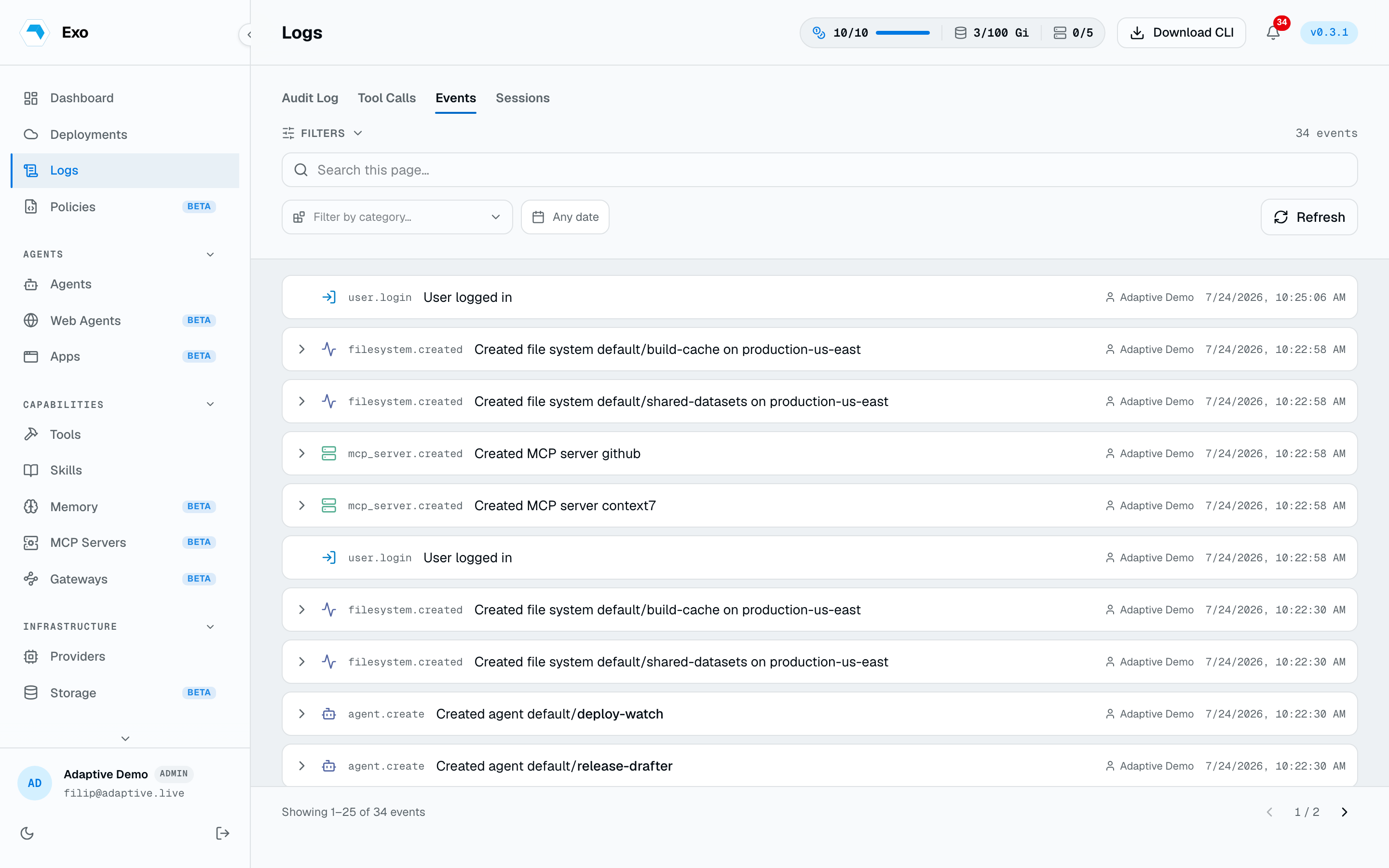The Events page showing the platform activity feed
