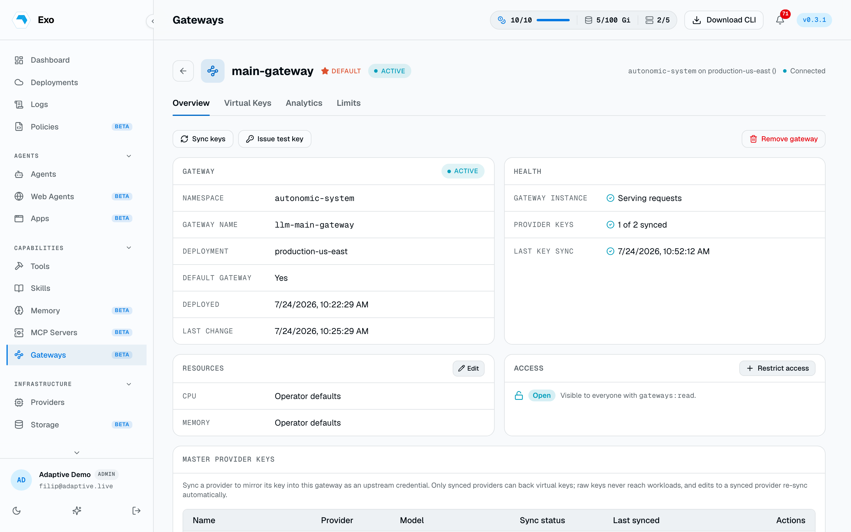 A gateway's Overview tab with health, synced providers, and the access panel