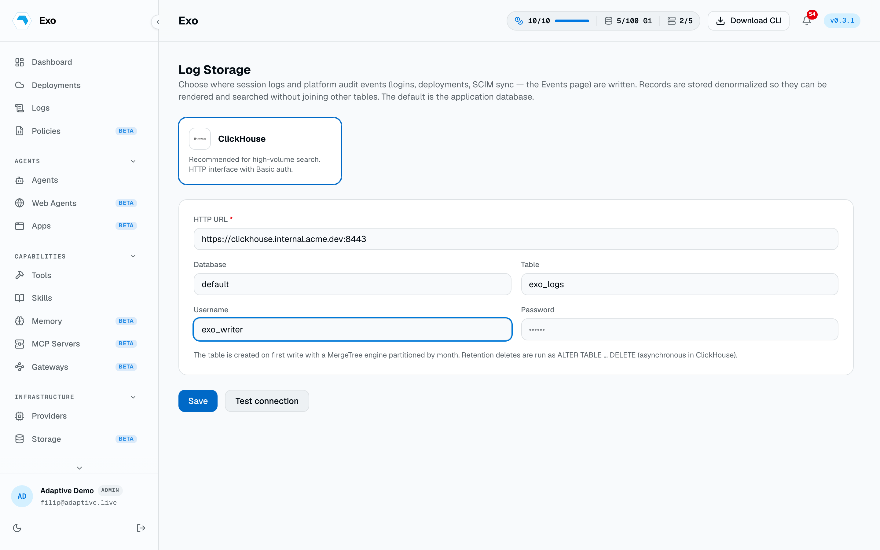 The Log Storage page with ClickHouse selected, showing the HTTP URL, Database, Table, Username, and Password fields