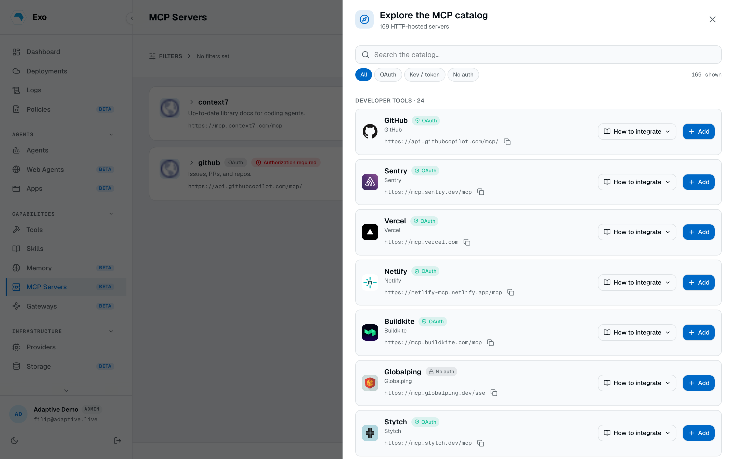 The MCP catalogue listing hosted MCP servers with their auth and integration guides