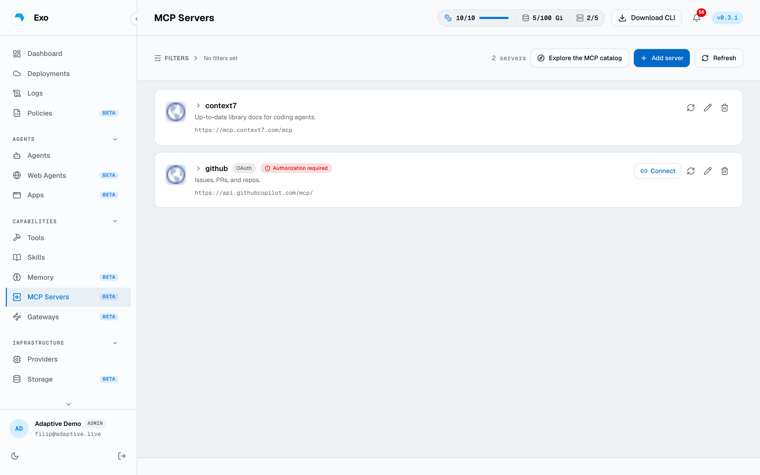 The MCP Servers page listing connected servers with their auth badges and tools