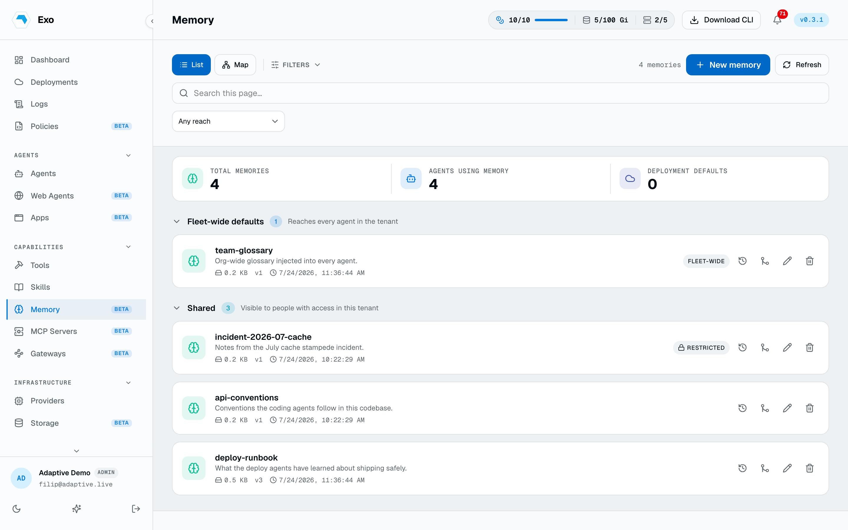 The Memory page listing the tenant's memories with defaults, attachments, and history actions
