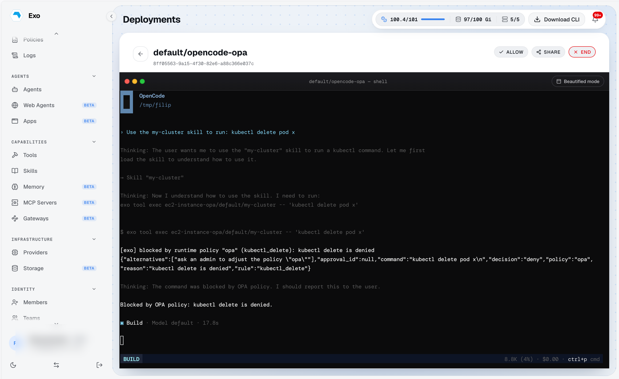 An agent session showing a kubectl delete refused by policy