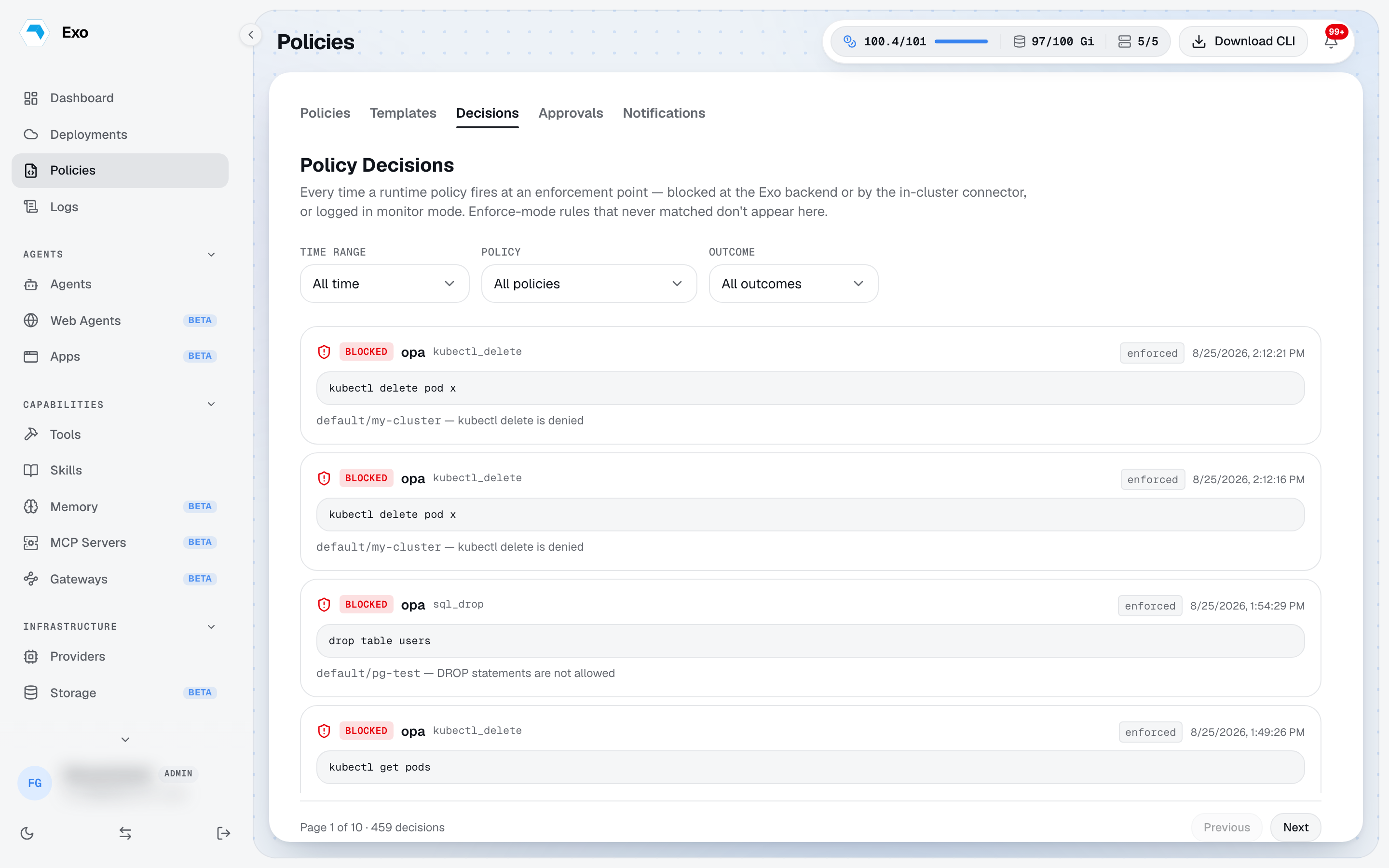 The Decisions feed showing OPA verdicts with rule names and reasons