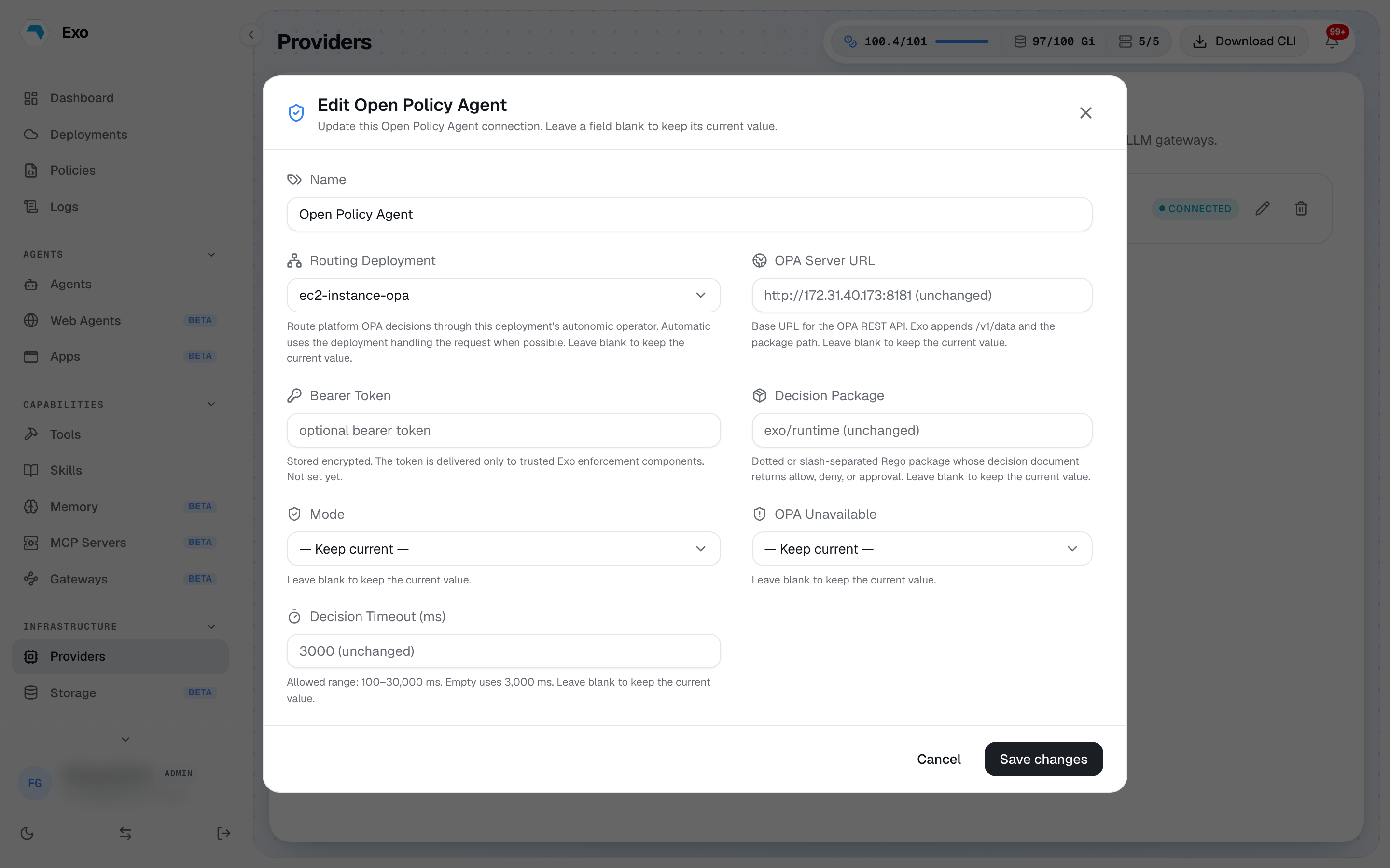 The Open Policy Agent connection form