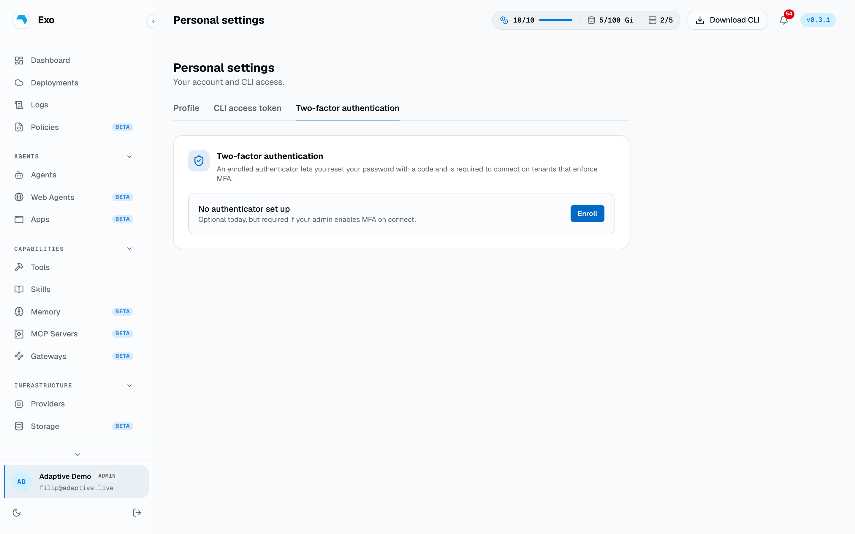 The Two-factor authentication tab showing the enroll prompt