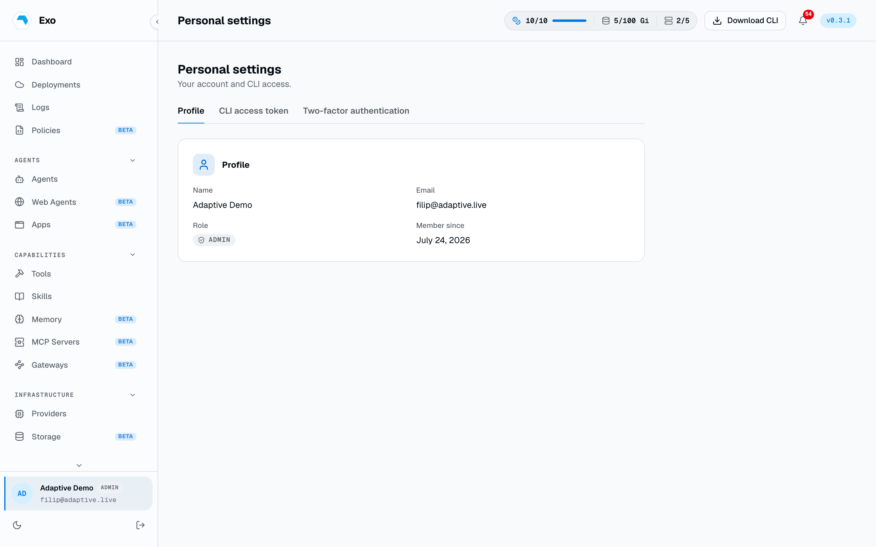 The Personal settings account page with the Profile, CLI access token, and Two-factor authentication tabs