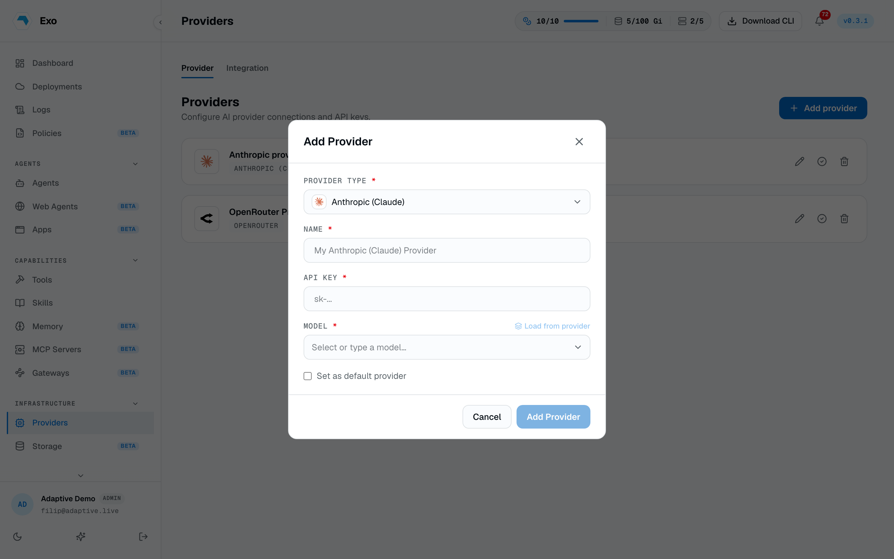 The Add Provider dialog in the Exo dashboard with Anthropic (Claude) selected