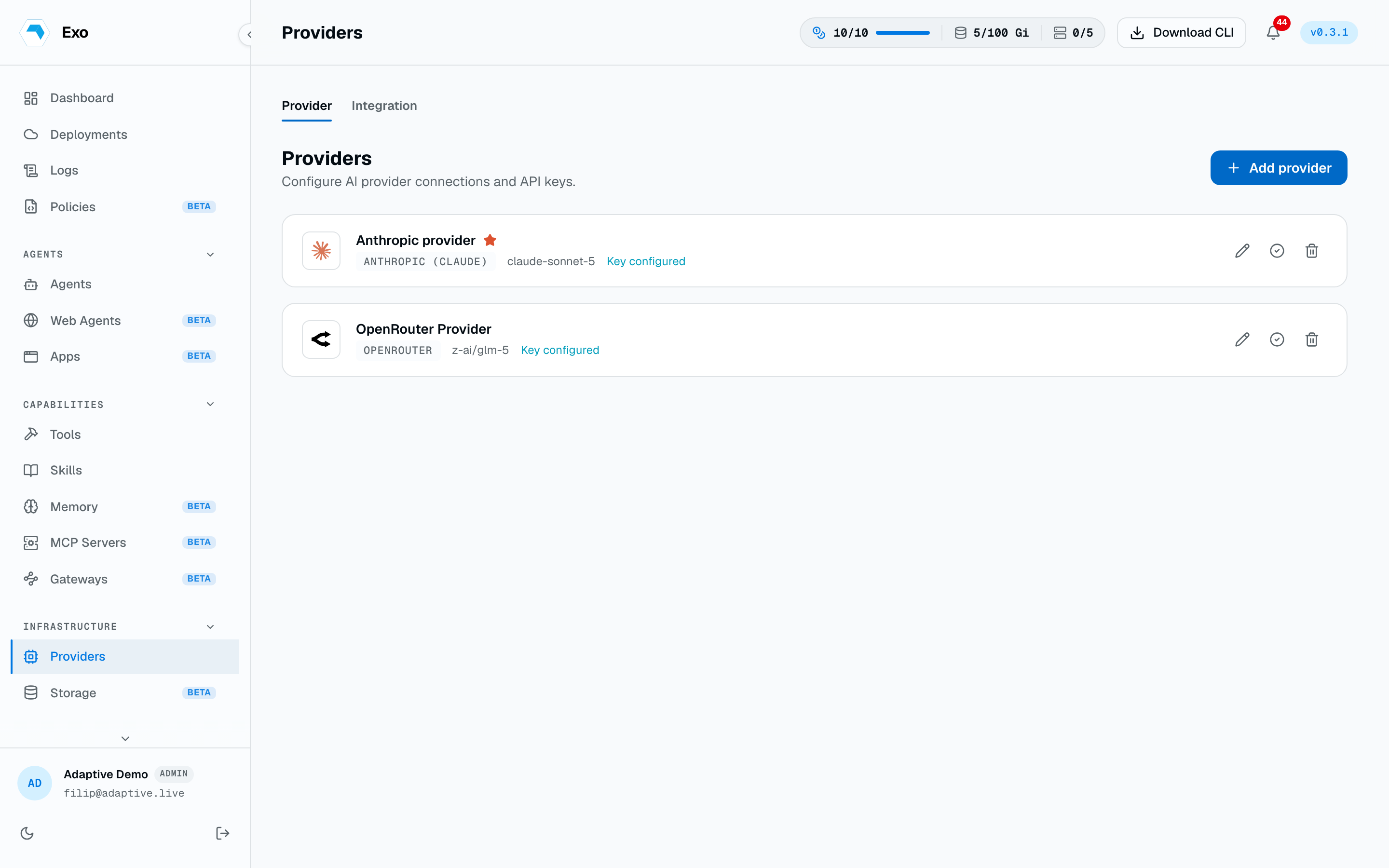 The Providers page with configured providers, one carrying the Default provider badge