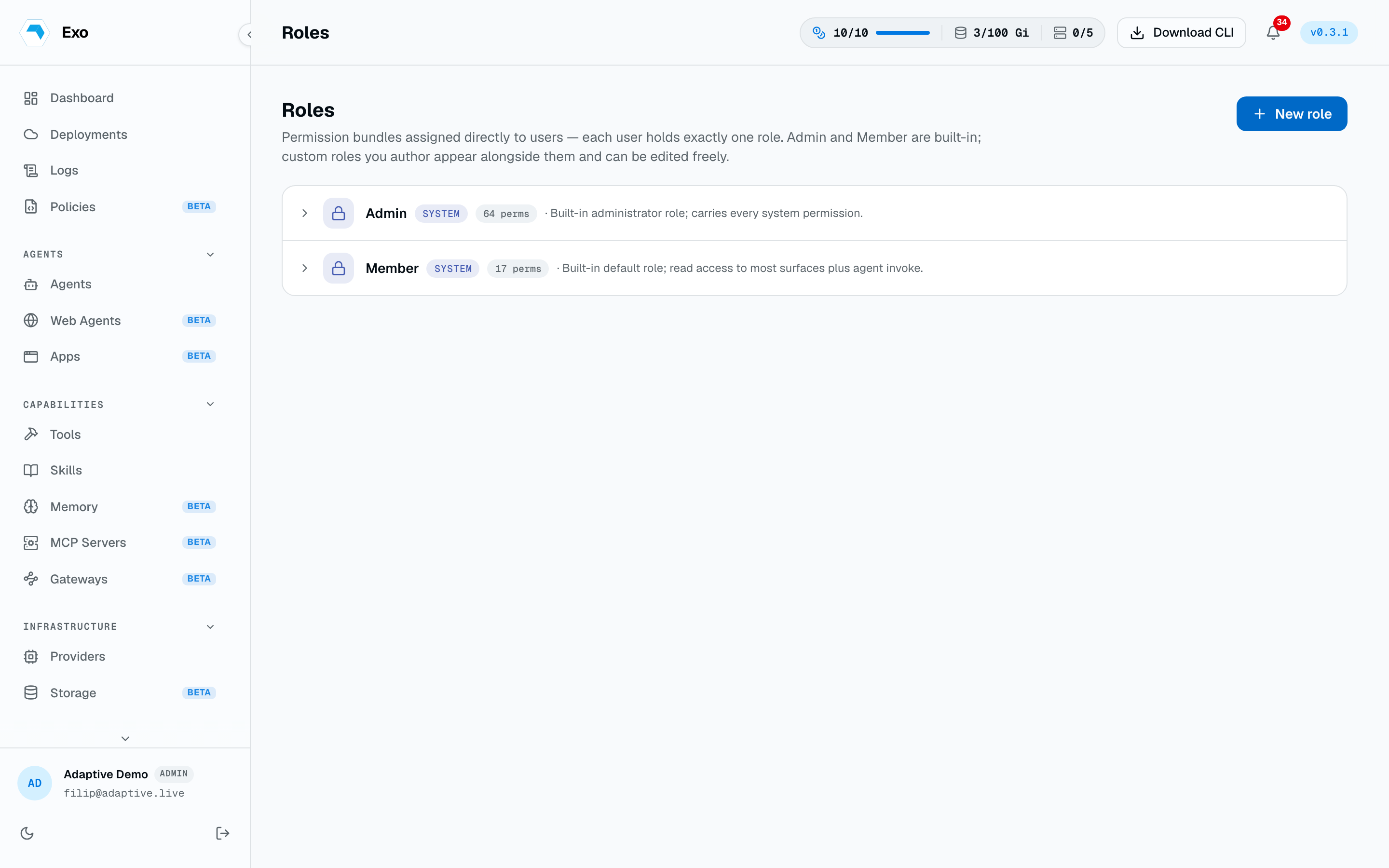 The Roles page showing the seeded Admin and Member roles plus a custom role