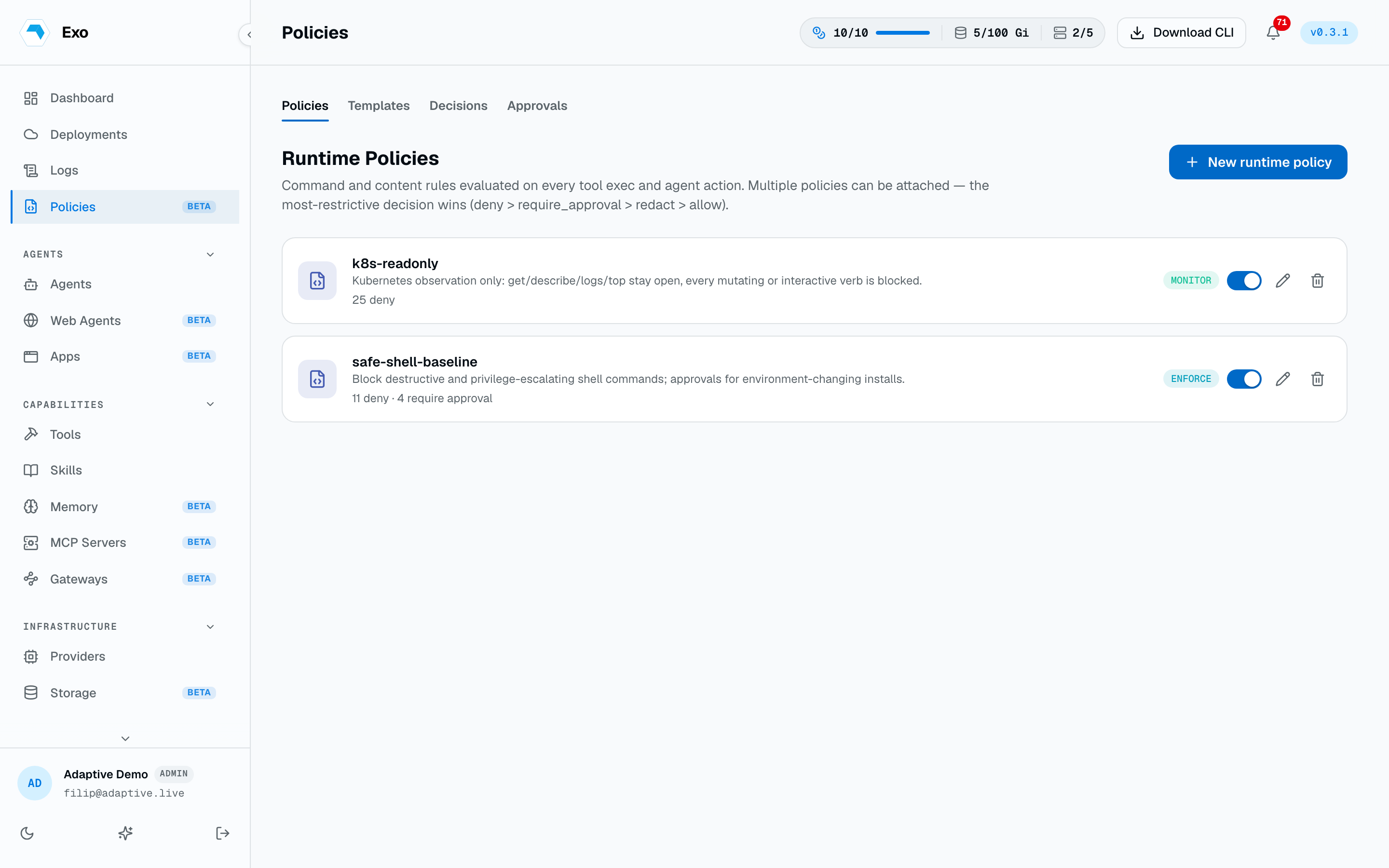 The Runtime Policies page listing policies with enforce and monitor badges