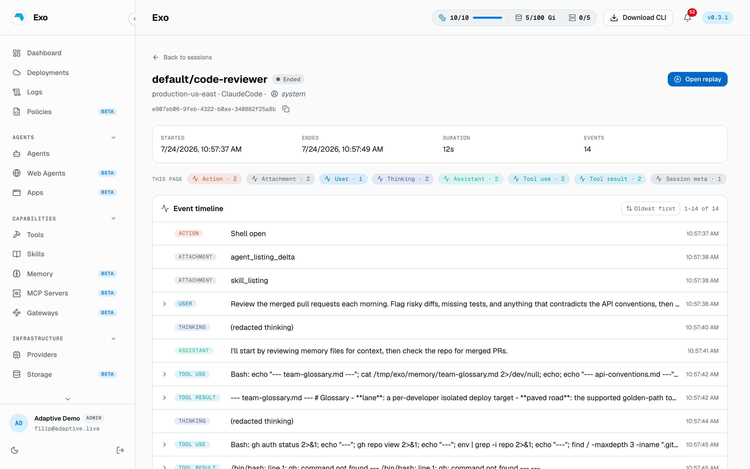 A session detail view with the event timeline: user input, thinking, and actions