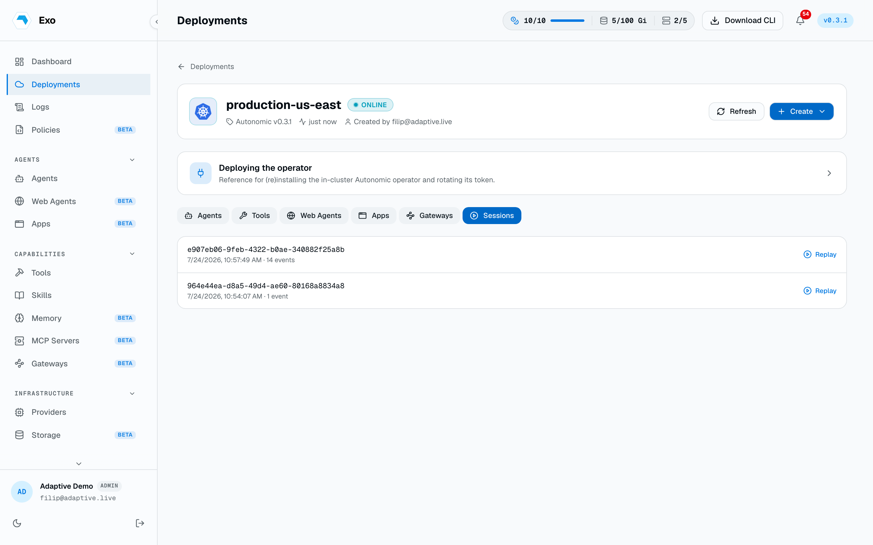 A deployment's Sessions tab listing captured sessions with their timestamps and event counts