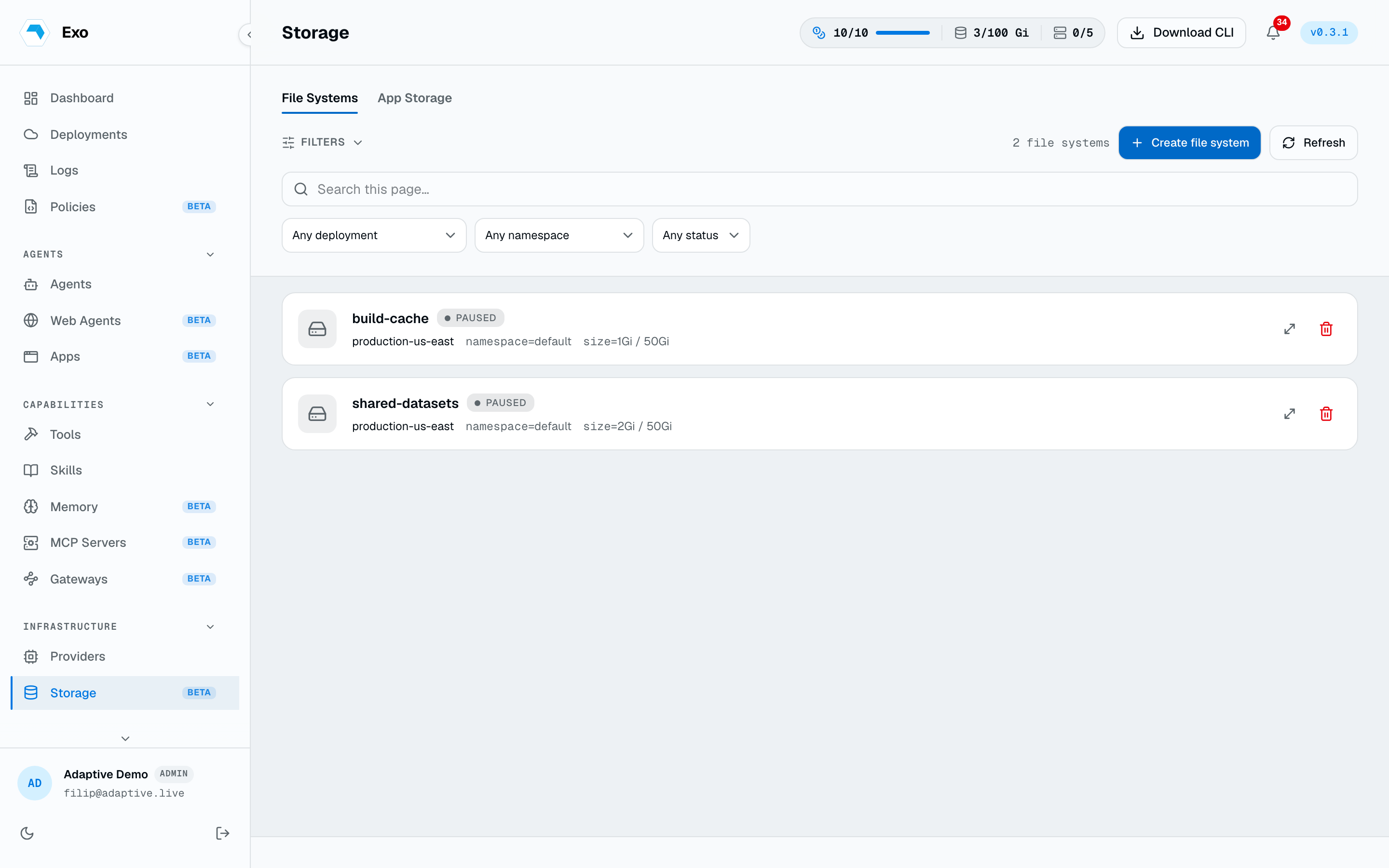 The Storage page listing file systems with size, status, and the agents mounting them
