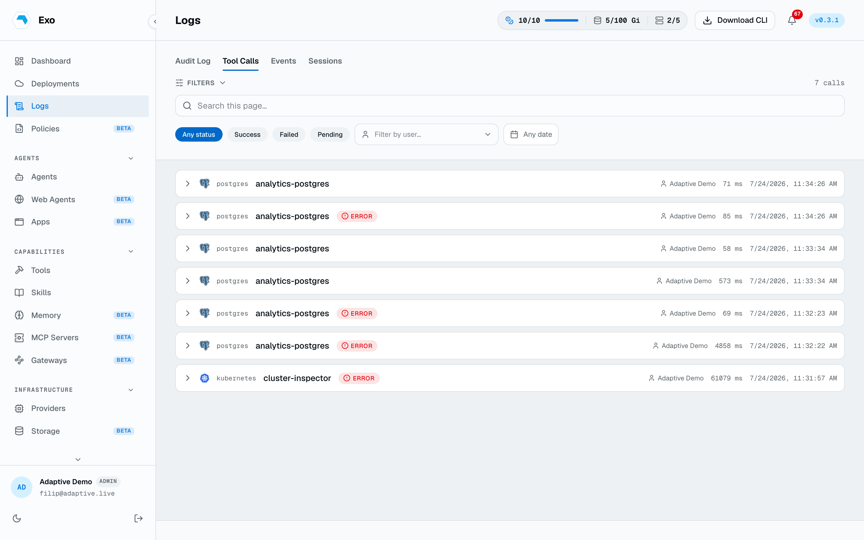The Tool Calls audit page listing executed commands
