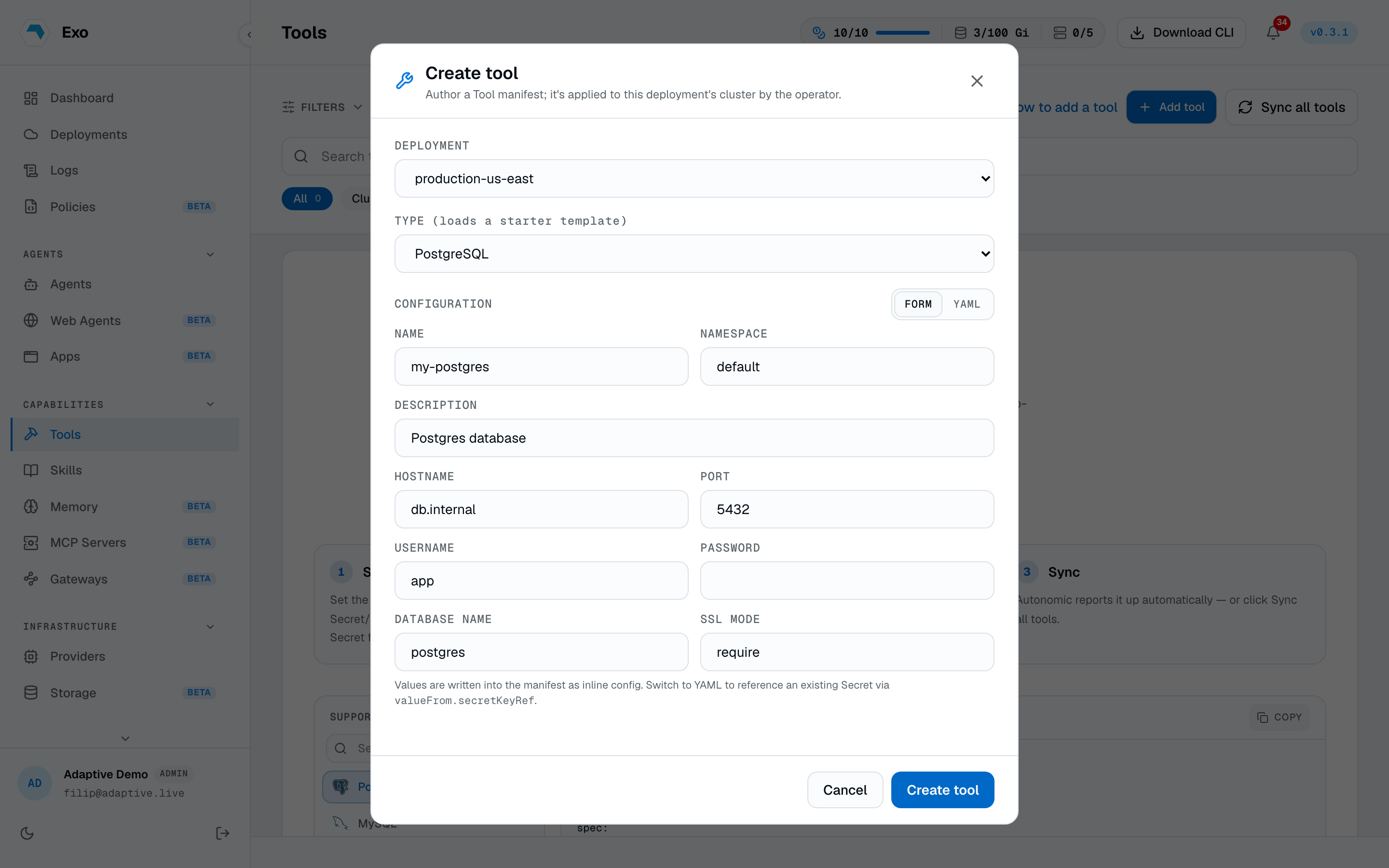 The Tools page with the add-a-tool guide and per-integration YAML samples