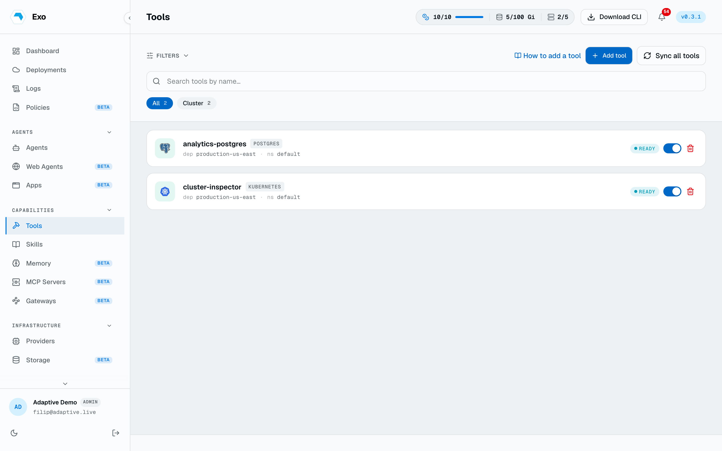 The Tools page listing tools with their type and state