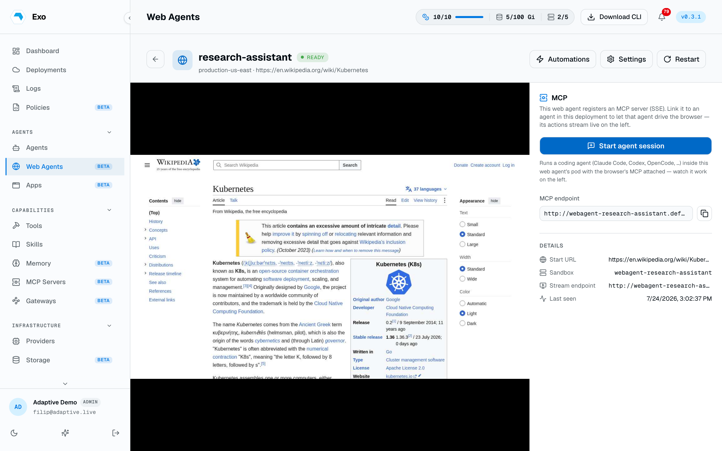 A web agent's live browser stream beside the embedded agent chat