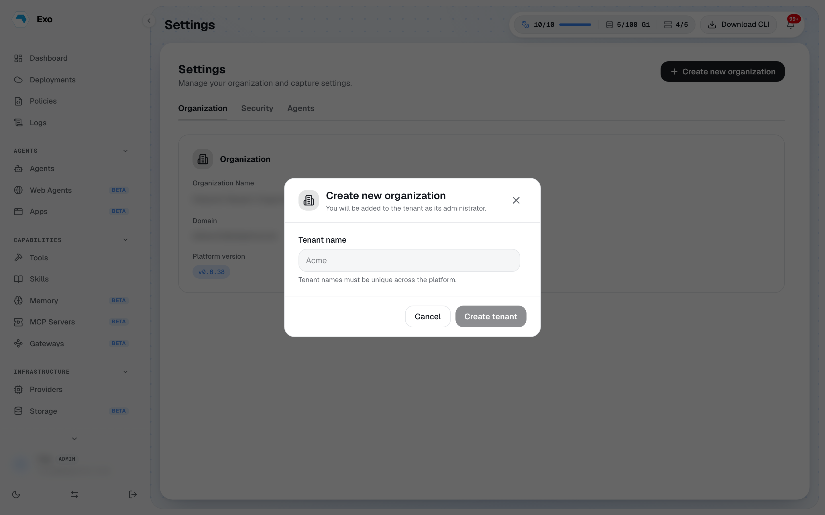 The Create new organization dialog in Settings